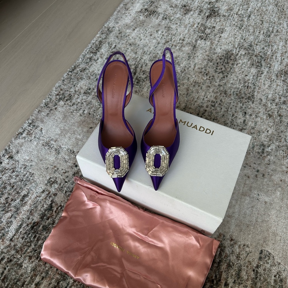 Amina Muaddi Dark Purple Camelia Sling Pumps - Picture 2 of 4